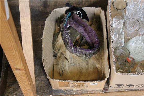 Tribal fabric & filigree metal headdress with lion mane trim, Q hunting knives, small knobkerrie & carved horn crane (Q)